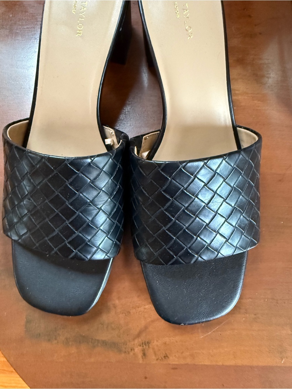 Ann Taylor Black Woven Heeled Slides, size 9M